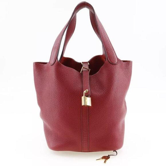 HERMES Pico Tan Lock MM Handbag Red Taurillon Clemence Women - Picture 1 of 9